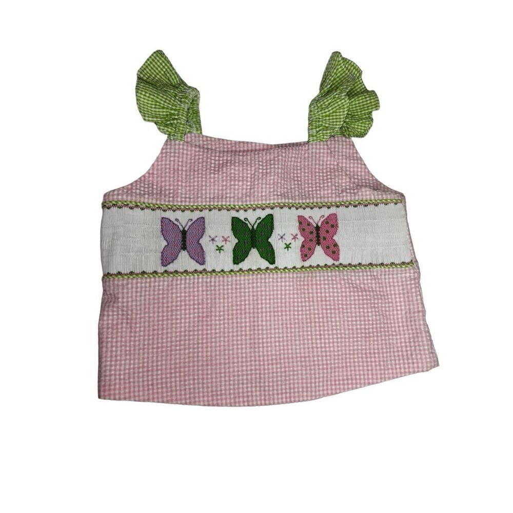 Wish Upon a Star Pink and Green Gingham Smocked Butterfly Top - Size Kids 5